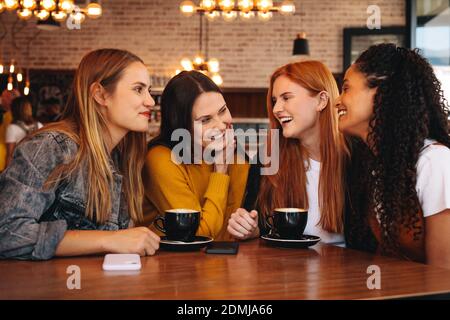Fröhliche junge Leute, die in einem Café zusammen sitzen und bei einer Tasse Kaffee klatschen. Eine Gruppe von Freunden trifft sich in einem Café. Stockfoto