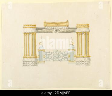 Mantelpiece Detail, Music Room, Robert Jones, britisch, aktiv 1815 – 1833, Pinsel und Aquarell, Graphit auf weißem Wove-Papier, horizontales Rechteck. Design für den Royal Pavilion, Brighton. Die vertikalen Elemente des Entwurfs sind halbrund in der Sektion, die aus einer Reihe von Kolonnetten mit einfachen Kapitellen und Basen besteht. Die Entablatur des Mantels besteht aus einem Drachen mit ausgestreckten Flügeln, in kühner Reliefs. Andirons und Feuerschutz, im chinesischen Stil, im Design enthalten., Originalalbum, das mit dieser Sammlung verbunden ist, existiert noch. Siehe 1948-40-1 Zubehör, England, ca. 1820, Innenräume Stockfoto