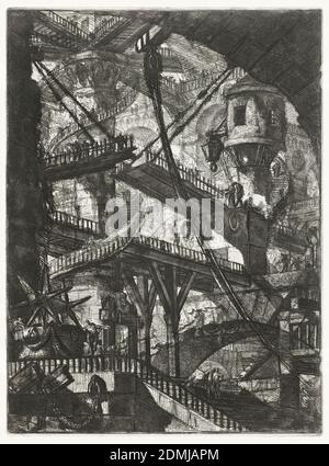 Zugbrücke, Platte VII aus der Serie Carceri d'Invenzione, Giovanni Battista Piranesi, italienisch, 1720–1778, Radierung auf weißem Papier, Vertikales Rechteck. Hölzerne Brücken verbinden Pfeiler und Arkaden in der Ferne. Wendeltreppen auf Piers verbinden mehrere Brücken., Italien, 1745 (später gedruckt), Architektur, Print Stockfoto