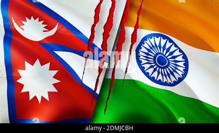 Nepal und Indien Flaggen mit Narbenkonzept. Winkende Flagge, 3D-Rendering. Nepal und Indien Konfliktkonzept. Nepal Indien Beziehungen Konzept. Flagge von Nepal und Stockfoto