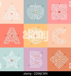 Irrweg. Labyrinth Rätsel für Kinder, ein- und Ausreise Quest, Kinder Labyrinth Rebus. Abstrakt pädagogische Spiel Vektor Illustration Set Stock Vektor