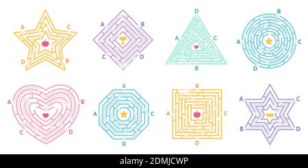 Labyrinth-Spiel. Labyrinth pädagogisches Spiel für Kinder, finden ein- und Ausgang, Arcade-Labyrinth conundrum. Kinder Labyrinth Spiel Vektor Illustration Set Stock Vektor