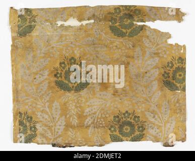 Seitenwand - Fragment, Blockdruck auf handgefertigtem Papier, grüner Blumenstrauß in weißem Kranz. Gedruckt auf gelbem Grund., USA, 1820–50, Wandbedeckungen, Sidewall - Fragment Stockfoto