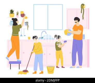 Familienreinigungshaus. Familie mit Kindern machen Hausarbeit zusammen, Familie waschen und putzen. Vektorgrafik Haushaltung Hausarbeit Stock Vektor