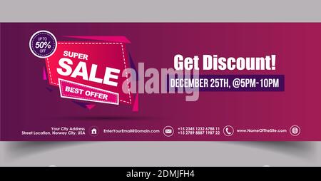 Super sale facebook cover banner template. Super sale best offer to avail announcement facebook banner in decent purple colour with sale tag. Stock Vektor