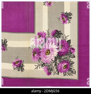 Schal Beispiel, Medium: Seide Technik: Gedruckt auf Leinwandbindung, Viertel eines bedruckten Schal in drei Farbtönen Magenta, Gelb und Schwarz. Border enthält Aster auf abgestreiften Boden und Feld ist einfach magenta., Frankreich, Mitte des 19. Jahrhunderts, bedruckte, gefärbte & bemalte Textilien, Schal Probe Stockfoto