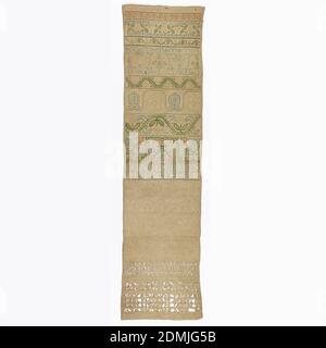 Sampler, Medium: silk and linen embroidery on linen foundation Technique: embroidered in cross, satin, stem, running, double running, eyelet, long armed cross stitches and areas of withdrawn elements with needlemade fillings on plain weave foundation, Bands of pattern in browns, blue, and green with alphabets followed by bands of white work pattern including an alphabet., England, 17th century, embroidery & stitching, Sampler Stockfoto