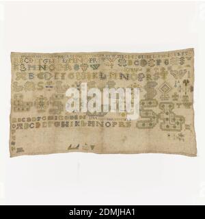 Sampler, Medium: Seide und Leinen Stickereien auf Leinen Fundamenttechnik: Gestickt in Kreuz, Kette, Satin, Stiel, Öse, und zurück Stiche auf Leinwandbindung Fundament, Alphabete, Ziffern und Monogramme. Kleiner Habsburger Adler in der Mitte. Weiße Streifen von Muster unten., Niederlande, 1744, Stickereien & Nähte, Sampler Stockfoto
