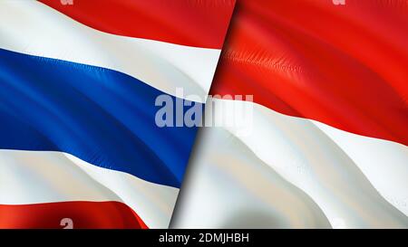 Thailand und Indonesien Flaggen. 3D-Design mit wehenden Fahnen. Thailand Indonesien Flagge, Bild, Tapete. Thailand vs Indonesien Bild, 3D-Rendering. Thailand I Stockfoto