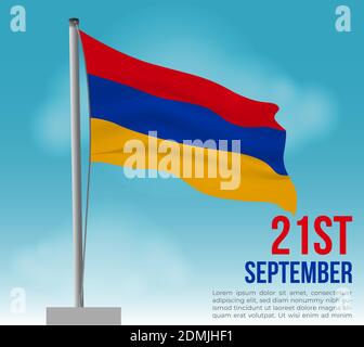 Flagge Armeniens. Armenien Unabhängigkeit Tag oder republik Tag Vektorgrafik. Armenische Flagge auf Mast mit Himmel Hintergrund. Armenia gewellte Flagge. Stock Vektor
