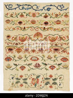 Sampler, Medium: Seide und Metall Stickerei auf Leinen Fundamenttechnik: Gestickt in Satin, Stiel, Lauf, und Kette Stiche auf Leinwandfundament, Floral Bands in mehrfarbige Seide mit Metall-Pailletten., Mexiko, 19. Jahrhundert, Stickerei & Stitching, Sampler Stockfoto