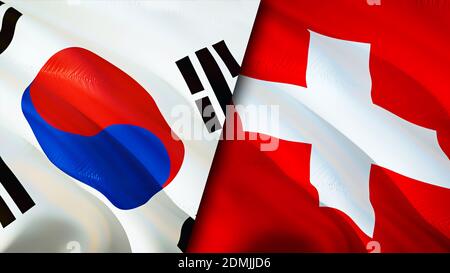 Südkoreas und der Schweiz Flaggen. 3D-Design mit wehenden Fahnen. Südkorea Schweiz Flagge, Bild, Tapete. Bild Südkorea vs. Schweiz, 3D-Rendering Stockfoto