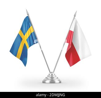 Polen und Schweden Tischflags isoliert auf weißem 3D-Rendering Stockfoto