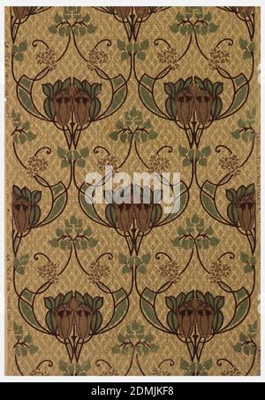 Seitenwand - Muster, maschinenbedruckt, Jugendstil-Design; Reihen von großformatigen Blumen, durch Laub verbunden. Gedruckt in braun und grün auf gemustertem, braunem Boden., USA, 1907–08, Wandbeläge, Sidewall - Muster Stockfoto