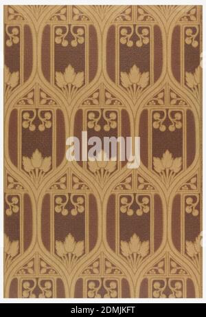 Seitenwand - Muster, maschinenbedruckt auf Papier, in Brauntönen, Reihen von Mandelformen mit einigen Blättern und Beeren., USA, 1906–08, Wallcoverings, Sidewall - Muster Stockfoto