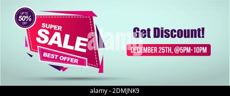 Super Sale Banner für facebook Cover oder Flyer Design. Super Verkauf Etikettencover in lila und rosa Farbe auf cyan Hintergrund. Logo des Rabattgutscheins. Stock Vektor