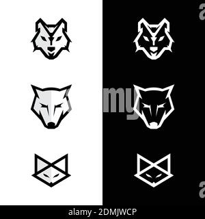 Set Logo Fuchs und Wolf Gesicht Logo. Vektor Wolf Vintage Design Element. Schwarze Silhouette Fuchs. Vektorgrafik EPS.8 EPS.10 Stock Vektor