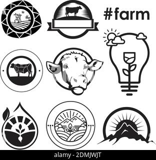 Bauernhof Konzept Logo Emblem. Vorlage mit Farmlandschaft. Label für natürliche landwirtschaftliche Produkte. Schwarzes Logo isoliert auf weißem Hintergrund. Stock Vektor