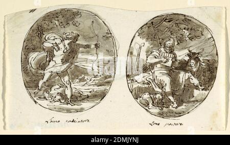 Mann der Jäger, Mann der Hirte, Entwurf für Gewölbedecke, Sala dei Legislatori, Palazzo Conti-Sinibaldi, Faenza, Felice Giani, italienisch, 1758–1823, Stift und Tinte, Pinsel und graubraun waschen über schwarzer Kreide auf gedecktem Papier, junger Mann in Apoll-Pose, über Karkasse stehend, Punkte verbiegen sich zum Hirsch, der in der richtigen Entfernung läuft. Inschrift: L'omo cacciatore. Rechts bläst der Hirte, mit phrygischer Mütze, Panflöte. Rinder rechts. Inschrift: L'omo pastore., Italien, 1787–1802, Figuren, Zeichnung Stockfoto