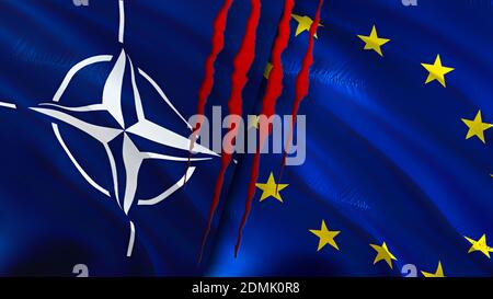 NATO- und EU-Flaggen mit Narbenkonzept. Winkende Flagge, 3D-Rendering. Konfliktkonzept der Europäischen Union und der NATO. NATO-Beziehungen der Europäischen Union Stockfoto