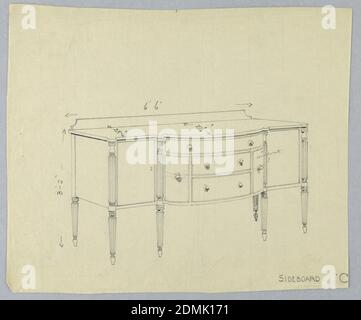 Design für Sideboard 'C' mit sechs Beinen und fünf Schubladen, A. N. Davenport Co., Graphit auf dünnem cremefarbenem Papier, rechteckiges Sideboard auf sechs geradlinigen, gerade zulaufenden Beinen; dreigliedrige Front hat einen konvexen Mittelteil mit fünf Schubladen - zwei horizontale Schubladen, flankiert von einer einzigen vertikalen Schublade auf jeder Seite und gekrönt von einer einzigen horizontalen Schublade mit einem Paar runden Zügen; Geringer Rücksplash., 1900–05, Möbel, Zeichnung Stockfoto