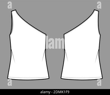 One-Shoulder Top Tank technische Mode-Illustration mit übergroßen Körper, Tunika Länge Saum. Flat outwear Shirt Bekleidungsvorlage vorne, hinten, weiße Farbe. Frauen, Männer Unisex CAD mockup Stock Vektor