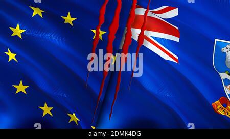 Flaggen der Europäischen Union und der Falklandinseln mit Narbenkonzept. Winkende Flagge, 3D-Rendering. Konfliktkonzept der Europäischen Union und der Falklandinseln. Europäisch Stockfoto