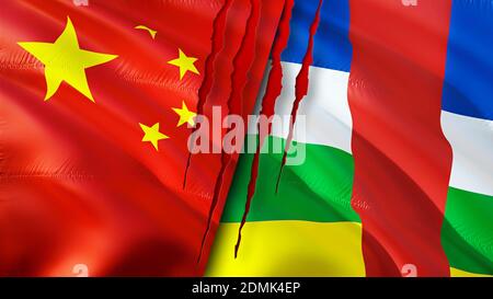 China und Zentralafrikanische Republik Flaggen mit Narbenkonzept. Winkende Flagge, 3D-Rendering. Konfliktkonzept China und Zentralafrikanische Republik. China Centr Stockfoto