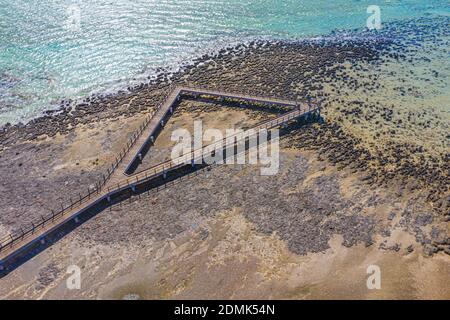 Holzsteg am Hamelin Pool für die Aussicht auf Stromatolithen, Australien Stockfoto