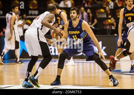 Ricky Rubio, Spieler von Spanien, während des Freundschaftsspiels gegen Angola im städtischen Sportpalast von San Pablo am 10. August 2014 in Sevilla, Spanien Stockfoto