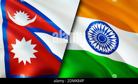 Nepal und Indien Flaggen. 3D-Design mit wehenden Fahnen. Nepal Indien Flagge, Bild, Tapete. Bild Nepal vs. Indien, 3D-Rendering. Nepal Indien Relations Alliance Stockfoto