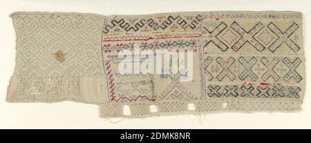 Sampler, Medium: Wolle und Baumwolle Stickerei auf Leinen Fundament; Leinen Nadel Spitzentechnik: Gestickt in Lauf-, Doppel-Lauf-, und Satinstichen und ausgezogene Element Arbeit und Nadel Spitzen Kanten auf Ebene Webbasis, Horizontale Sampler in drei Spalten des Musters unterteilt, mit ausgezogenen Element Arbeit in weißen und geometrischen Muster Bänder in farbigen Fäden. Nadelspitze unten., Spanien, 19. Jahrhundert, Stickereien & Nähte, Sampler Stockfoto