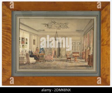 Interieur im Haus von Lord Chamberlain O'Neill, Strandraede, Kopenhagen, Christian Olavius Zeuthen, Dänisch, 1812 - 1890, Stift und Pinsel und schwarze Tinte, Aquarell, Graphit auf Papier, Wohnzimmer in gedämpften Grautönen, Decke aus Gipsarbeiten, ein Metallkronleuchter von der Mitte aufgehängt. Links bilden ein Sofa und drei Stühle eine Gesprächsgruppe um einen Podesttisch. Eine Frau sitzt auf dem Sofa, eine andere steht links und lehnt sich auf einen Sessel. Hinter dem Sofa hängt eine Gruppe von Porträts. Ein großer Metallherd und Feuerschutzgitter hinten in der Mitte. Schreibtisch und Stuhl vor den Fenstern rechts, die drapiert sind Stockfoto