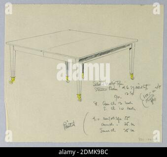 Design für einen sechseckigen rechteckigen Tisch auf Rollen, A.N. Davenport Co., Graphit, gelber Farbstift auf dünnem cremefarbenem Papier, rechteckige, auf 6 angehobene Platte [5 gezeigt] schlichte, in Messingsabots abschliessende Beine; in Gelb vorgeschlagene Rollen, 1900–05, Möbel, Zeichnung Stockfoto