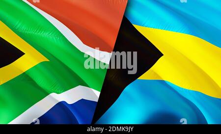 Südafrika und Bahamas Flaggen. 3D-Design mit wehenden Fahnen. Südafrika Bahamas Flagge, Bild, Tapete. Südafrika vs Bahamas Bild, 3D-Rendering. Sout Stockfoto