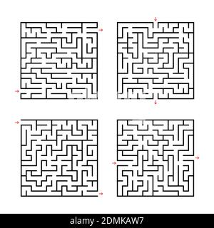 Ein Satz quadratischer Labyrinthe. Spiel für Kinder. Puzzle für Kinder. Labyrinth-Rätsel. Flache Vektorgrafiken isoliert auf weißem Hintergrund. Stock Vektor