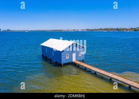 Blue boat house in Perth, Australia Stock Photo