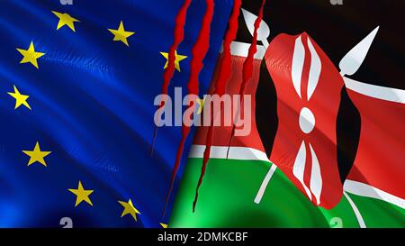 European Union and Kenya flags with scar concept. Waving flag,3D rendering. European Union and Kenya conflict concept. European Union Kenya relations Stockfoto