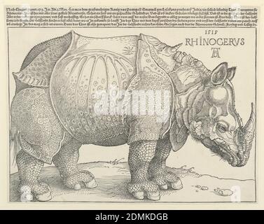 Das Nashorn, Albrecht Dürer, deutsch, 1471–1528, Holzschnitt auf gedeckten Papier, RECHTS STEHEND ein Nashorn. Gedruckter Text über dem Blatt., Nürnberg, Deutschland, 1515, Tiere, Drucken Stockfoto