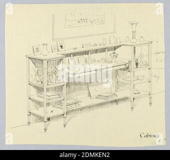 Design für Sideboard- wie Schrank, A.N. Davenport Co., Stift und schwarze Tinte auf dünnem cremefarbenem Papier, offener dreiteiliger Schrank mit geschwungenen Tischplatte-wie Regalmitte zwischen geformten passenden Bracket-förmigen Regalen und kleinem kubischen Glas-Vitrine mit 2 unteren Regalen auf beiden Seiten; angehoben auf 8 verjüngenden Beinen; Bücher, Fotos, Glas und Procelain auf oberen Regalen; Unterer Teil eines Gemäldes vorgeschlagen Mitte, über Schrank., 1900–05, Möbel, Zeichnung Stockfoto