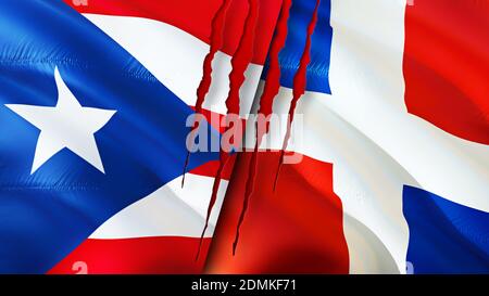 Puerto Rico und Dominikanische Republik Flaggen mit Narbenkonzept. Winkende Flagge, 3D-Rendering. Puerto Rico und Dominikanische Republik Konfliktkonzept. Puerto Rico Stockfoto