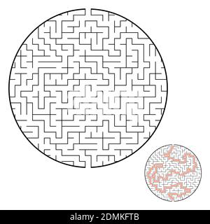 Schwieriges rundes Labyrinth. Spiel für Kinder. Puzzle für Kinder. Ein Eingang, ein Ausgang. Labyrinth-Rätsel. Flache Vektorgrafik isoliert auf Weiß Stock Vektor