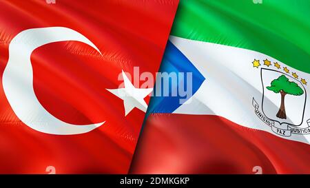 Turkey and Equatorial Guinea flags. 3D Waving flag design. Turkey Equatorial Guinea flag, picture, wallpaper. Turkey vs Equatorial Guinea image,3D ren Stock Photo