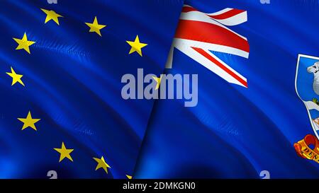 Flaggen der Europäischen Union und der Falklandinseln. 3D-Design mit wehenden Fahnen. Europäische Union Falklandinseln Flagge, Bild, Tapete. Europäische Union gegen Falkland Stockfoto