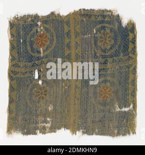 Fragment, Medium: Seide, metallische Technik: Float gemustertes Leinwandgewebe mit komplementären Schussfäden, vier Quadrate, jeweils mit Rosette., 13.–14. Jahrhundert, gewebte Textilien, Fragment Stockfoto