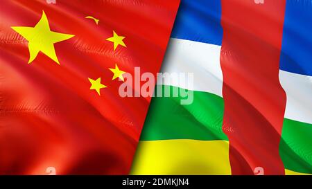 China und Zentralafrikanische Republik Flaggen. 3D-Design mit wehenden Fahnen. China Zentralafrikanische Republik Flagge, Bild, Tapete. China vs. Zentralafrikanische Rep Stockfoto