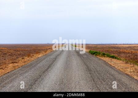 Lange Straße in der Steppe bis in die Ferne. Stockfoto