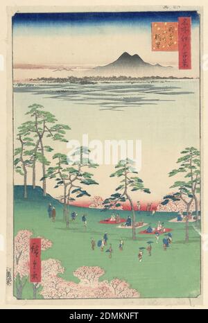 Nordwärts Blick vom Askua Hill (Askua-yama Kita no Chobo) aus der Serie hundert berühmte Ansichten von Edo, Ando Hiroshige, japanisch, 1797–1858, Holzschnitt in farbiger Tinte auf Papier, Diese Frühlingsszene zeigt viele Besucher, die die Kirschblüten feiern, indem sie auf Decken picknicken und die rosa Blütenblätter bewundern. Der Hintergrund direkt unter der Silhouette des Mt. Tsubuka ist ein Reisfeld. Die hellgrauen Schatten deuten darauf hin, dass junge Reispflanzen wachsen. Diese Szene zeigt Land, das schließlich zu Japans erstem öffentlichen Park werden wird., Japan, 1856, Landschaften, Print Stockfoto