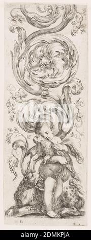 Teller, aus der Serie Ornamenti o grottiche (Ornamente oder Grotesken), Stefano della Bella, italienisch, 1610–1664, Radierung auf weißem Büttenpapier hält EIN Kind ein Leopardenkätzchen und nuzzelt sein Gesicht in den Rücken. Direkt hinter dem Kind liegt ein Leopard, der seinen Kopf zum Kind wendet und seine Zunge ausstreckt. Im Hintergrund sind große Akanthus-Blätter und wirbelnde Arabesken., Italien, ca. 1653, Ornament, Druck Stockfoto