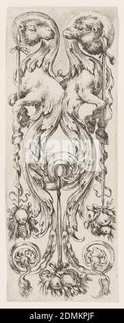 Teller, aus Ornamenti o Grottesche (Ornamente oder Grotesken), Stefano della Bella, italienisch, 1610–1664, Radierung auf cremeweißem Papier, vertikales Rechteck mit symmetrischem grotesken Design aus Kamelen, Akanthus-Blättern und Früchten., Italien, ca. 1653, Ornament, Druck Stockfoto